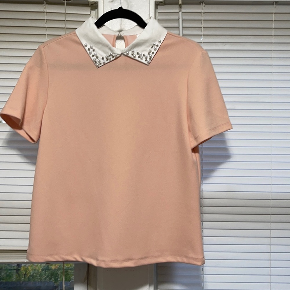 Pink Blouse with pearl/beaded collar